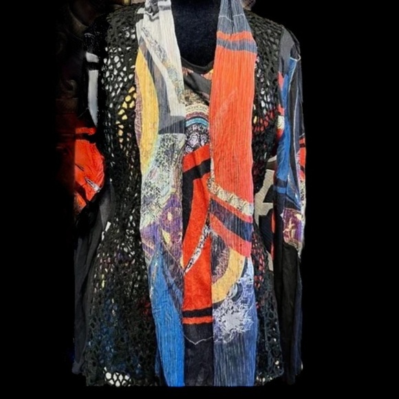 Alison Sheri Open front top with crochet backdrop multi colorful Sz L Women - Picture 2 of 9